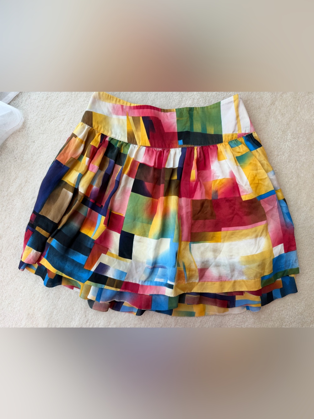 Kensie 100% Silk Colorblock Abstract Print Circle Ruffle Mini Skirt